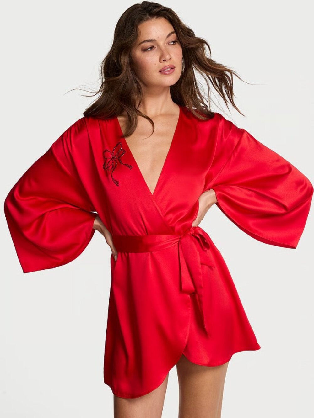 Victoria's Secret Satin Sparkle Bow Short Robe in Bright Red NWT, XS/S